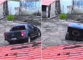 Caminhonete é ‘engolida’ após cratera se abrir em casa paroquial no Ceará