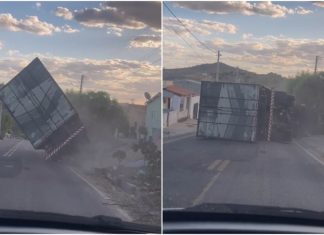 Caminhão sem freio colide e tomba em ladeira no interior do Ceará